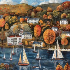 harbor with sailboats in autumn