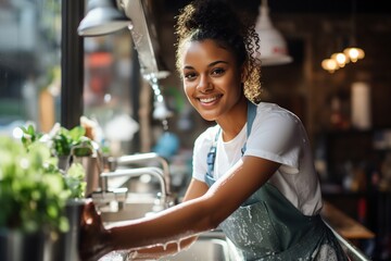 Young afro woman washing dishes in a restaurant kitchen. - obrazy, fototapety, plakaty