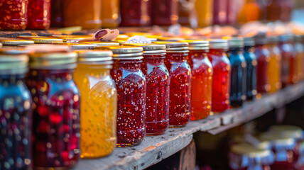 Rows of honey and jam jars on a market shelf.