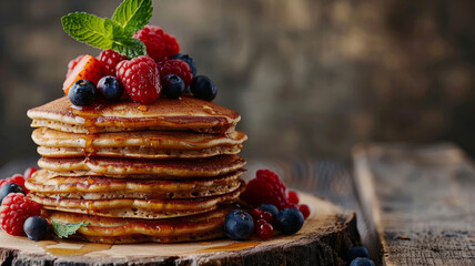 Stack of pancakes with fruits and syrup