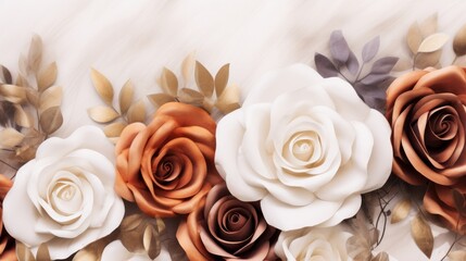 Beautiful floral background with blooming roses and eucalyptus, soft peach colors, white backdrop, banner for design, closeup, blurred foreground 