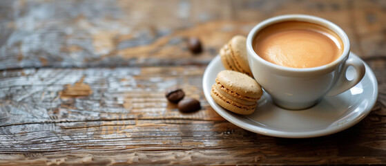 Cup of coffee and cookies on wooden table