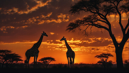 Fototapeta na wymiar giraffe in the sunset, giraffe at sunrise, giraffe at sunset