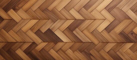 A closeup of a brown hardwood floor with a geometric pattern made of beige rectangles. The wood stain creates an artistic and intricate design