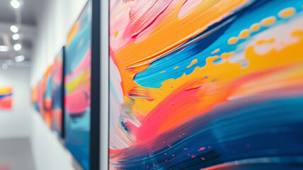 Colorful abstract paintings in gallery.