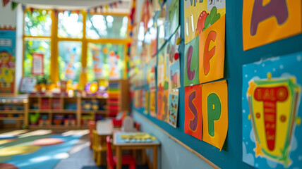 Colorful preschool classroom interior.