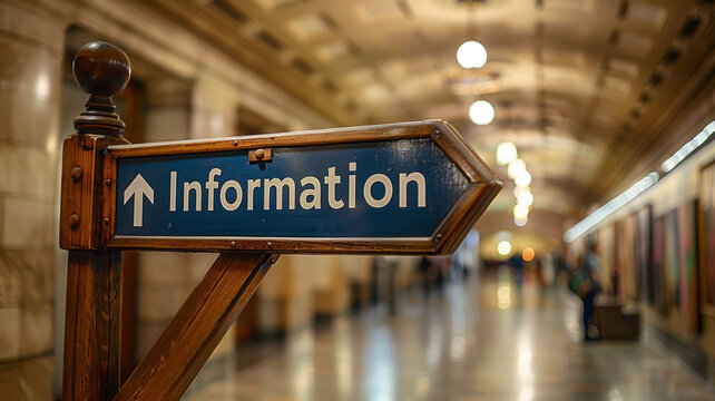 A blue informational sign with arrow indoors