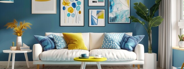 A cozy and stylish living room with modern decor in yellow and blue colors - obrazy, fototapety, plakaty