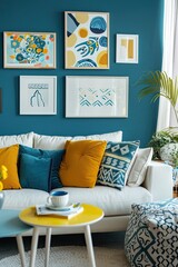 A cozy and stylish living room with modern decor in yellow and blue colors