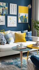 A cozy and stylish living room with modern decor in yellow and blue colors