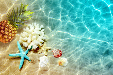 Yellow pineapple, seashells and starfish on a blue water background. - 771771168