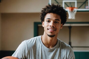 Young biracial man plays basketball indoors - Powered by Adobe