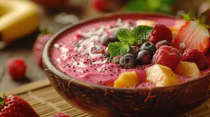 Photo of a colorful smoothie bowl with fruits and seeds