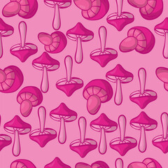 Doodle pink mushrooms seamless pattern on light background