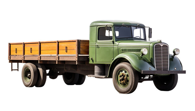 Old green truck with a wooden trailer isolated in no background.
