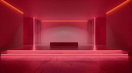 A vibrant red room glowing with ambient light, reflecting a sense of modernity and empty space