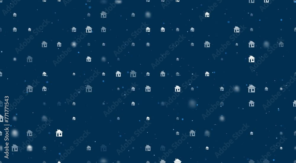 Poster template animation of evenly spaced house symbols of different sizes and opacity. animation of trans