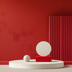 A minimalist three-dimensional still life composition featuring geometric shapes in a stylish red...