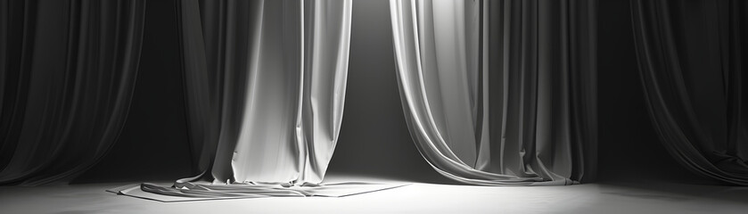 Refined theatrical curtains drape down on an empty stage setting a scene of expectancy and drama