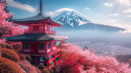 japanese temple in the morning with mount fuji as a background