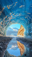 Travel to the glaciers. Glacier cave in the mountains. An amazing natural phenomenon.