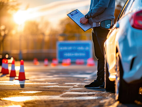 Instructor holding tablet during driving test