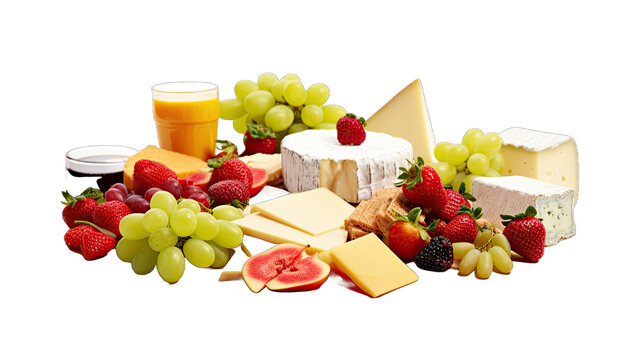 Cheese platter with grapes and fruits isolated in no background