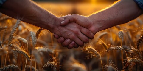 Two farmers shaking hands in a field sealing a deal. Concept Agricultural business, Rural partnership, Handshake agreement, Farm collaboration, Field negotiation - obrazy, fototapety, plakaty