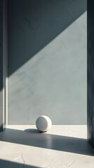 A single white sphere resting on a ledge in a room bathed in natural sunlight, projecting a calm and thoughtful mood