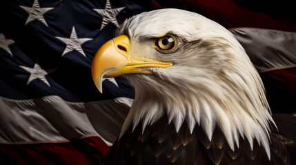 fierce face of a bald eagle painted with american flag on a dark background, american flag colors of red, white and blue, patriotic american eagle.