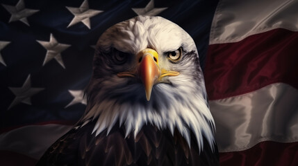 fierce face of a bald eagle painted with american flag on a dark background, american flag colors of red, white and blue, patriotic american eagle. - obrazy, fototapety, plakaty
