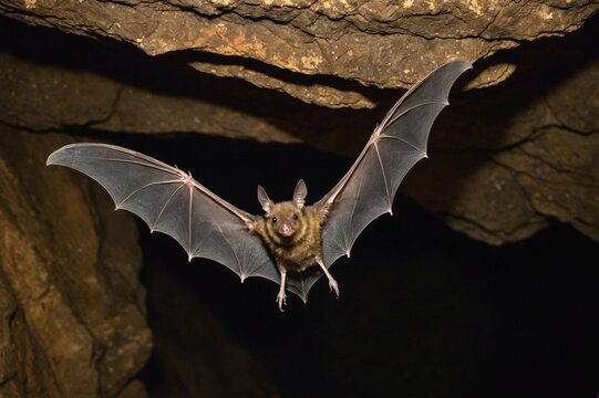 Common bent-wing bat (Miniopterus schreibersii) in flight in a cave
