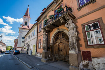 House with Caryatides on Mitropoliei Street in Old Town of Sibiu, Romania