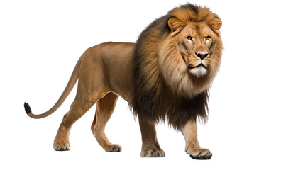Lion standing, isolated in no background, side view, clipping path - obrazy, fototapety, plakaty