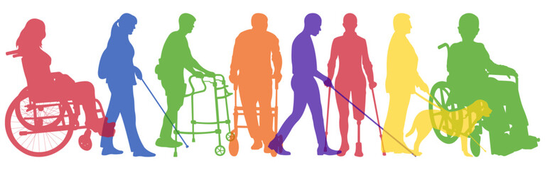 Set of silhouettes of people with disabilities.Men and women with different types of disabilities.Vector illustration.