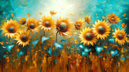 Oil painting of the yellow sunflowers in the field