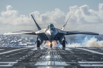 Low angle front view of an F-22 Raptor fighter jet accelerating during takeoff on an aircraft carrier runway. The military plane is sent on combat duty in offshore waters.