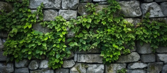 A building with a stone wall covered in ivy, creating a natural and charming look. The green vines climb up the brick facade, adding a touch of nature to the house