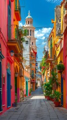 Colorful Buildings and Clock Tower on Narrow Street - obrazy, fototapety, plakaty