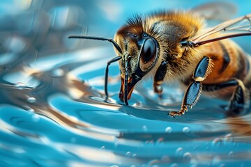 Macro photo bee that drinks water in springtime. Insects and water