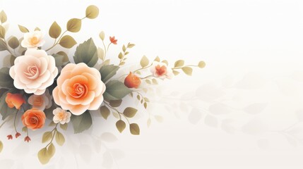 Spring or summer floral background with yellow and orange roses and chrysanthemums on white pastel colored paper. Flat lay, top view, copy space concept in the style of various artists.