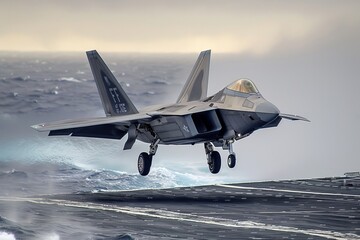 Side view of F-22 Raptor fighter jet landing on an aircraft carrier runway. The military plane is back from combat duty in offshore waters.