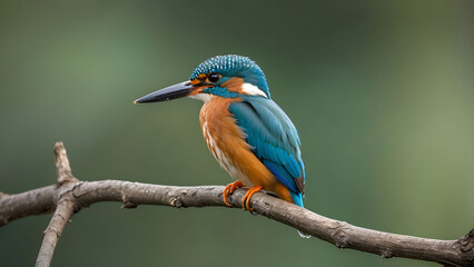 Obraz premium The Common Kingfisher (Alcedo atthis) is perching on a branch against a green natural background.