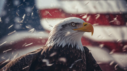 In a moment frozen in time, the eagle and the flag unite, capturing the essence of America's journey to freedom. - obrazy, fototapety, plakaty