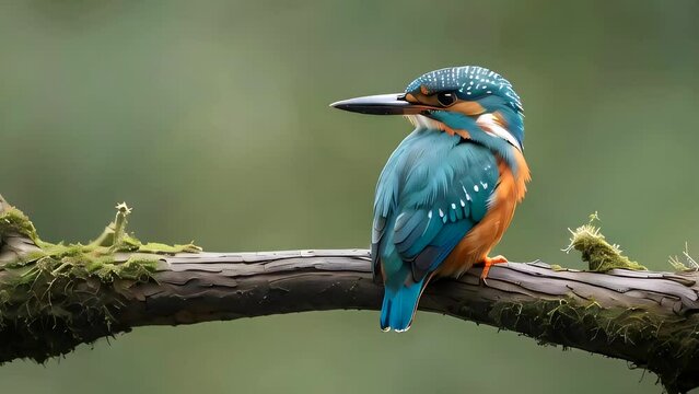 The Common Kingfisher (Alcedo atthis) is perching on a branch against a green natural background.