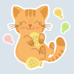 Vector sticker with a cute red cat and cat food in the form of fish