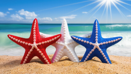 Trio of Colorful Red, White, and Blue Starfish on a Sunny Beach: Copy-space - obrazy, fototapety, plakaty