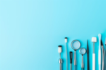 Professional Dentist tools in dental office Dental Hygiene and Health conceptual image with large copy space