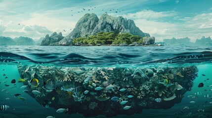 a large group of fish swimming around a large piece of trash floating in the ocean with a mountain in the background and a small island in the middle of the water with fish swimming around.