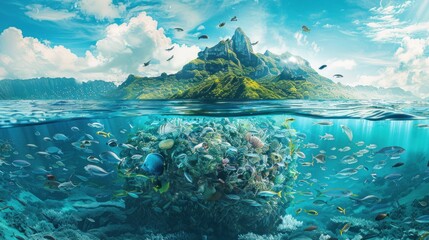 a large group of fish swimming around a large piece of trash floating in the ocean with a mountain in the background and a small island in the middle of the water with fish swimming around.